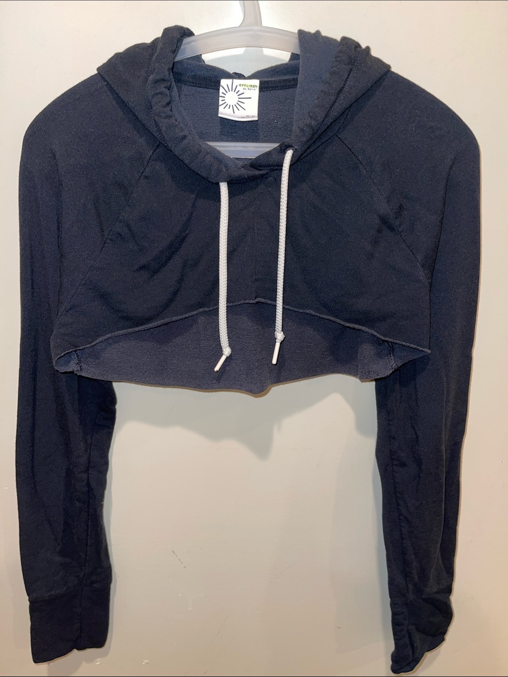 aerie Cropped Black Hoodie with White Drawstrings